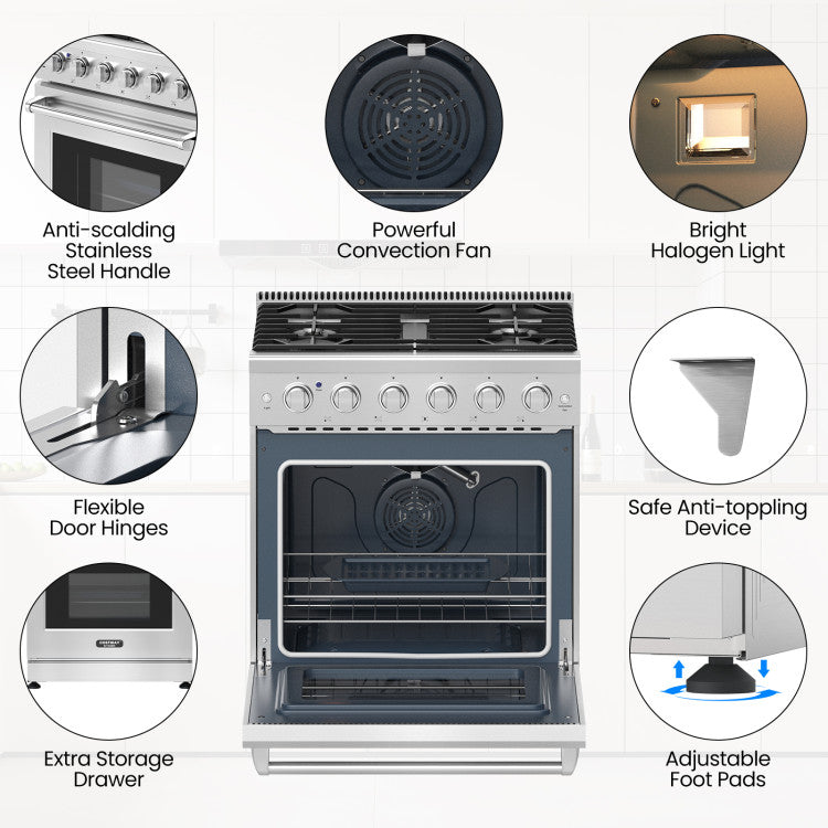 30 Inches Freestanding Gas Range 120V 4.55 cu.ft Natural Range Oven with 5 Professional Burners and Storage Drawer