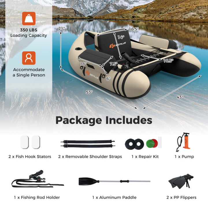350lbs Inflatable Fishing Float Tube Portable Backpack Belly Boat with Storage Pockets and Fish Ruler