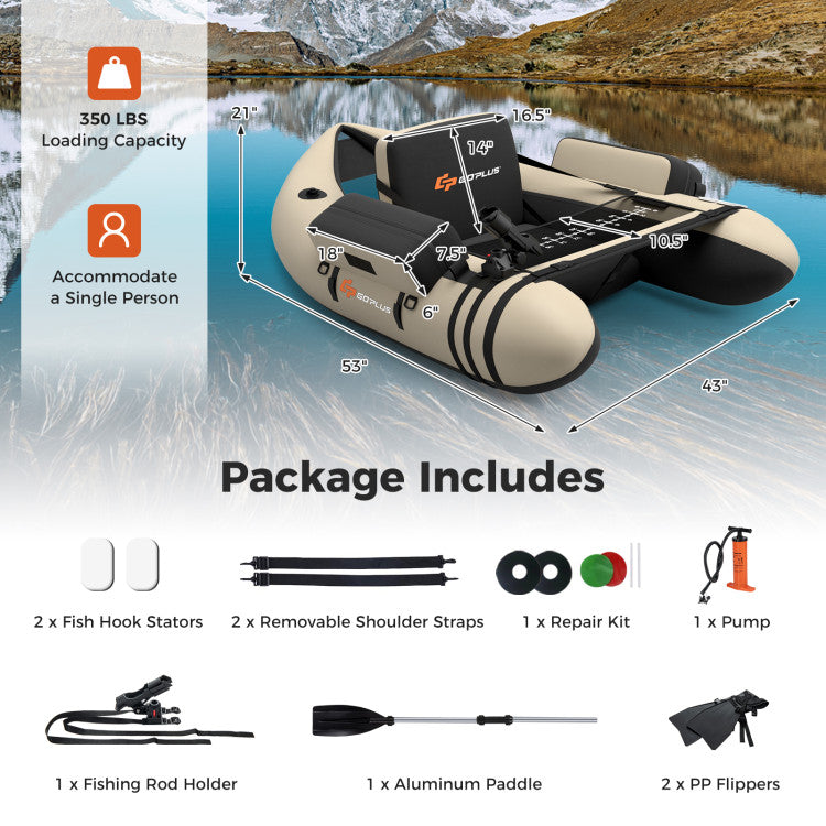 350lbs Inflatable Fishing Float Tube Portable Backpack Belly Boat with Storage Pockets and Fish Ruler