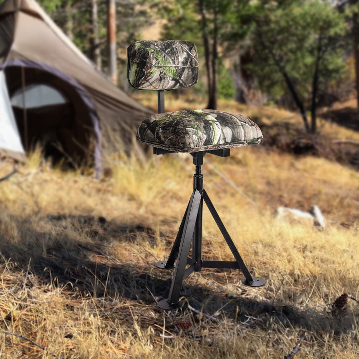 360° Swivel Camo Hunting Chair Multi-Position Height Adjustable Tripod Blind Stool with Detachable Backrest and Comfy Padding