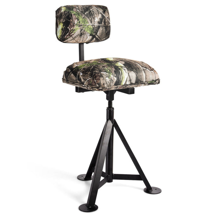 360° Swivel Camo Hunting Chair Multi-Position Height Adjustable Tripod Blind Stool with Detachable Backrest and Comfy Padding