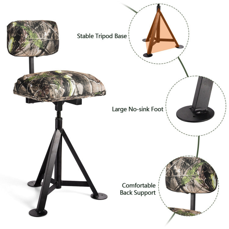360° Swivel Camo Hunting Chair Multi-Position Height Adjustable Tripod Blind Stool with Detachable Backrest and Comfy Padding