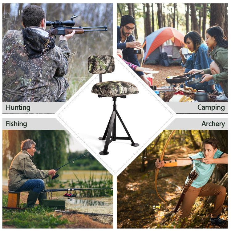 360° Swivel Camo Hunting Chair Multi-Position Height Adjustable Tripod Blind Stool with Detachable Backrest and Comfy Padding
