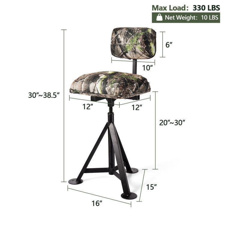 360° Swivel Camo Hunting Chair Multi-Position Height Adjustable Tripod Blind Stool with Detachable Backrest and Comfy Padding
