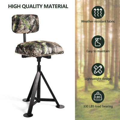 360° Swivel Camo Hunting Chair Multi-Position Height Adjustable Tripod Blind Stool with Detachable Backrest and Comfy Padding