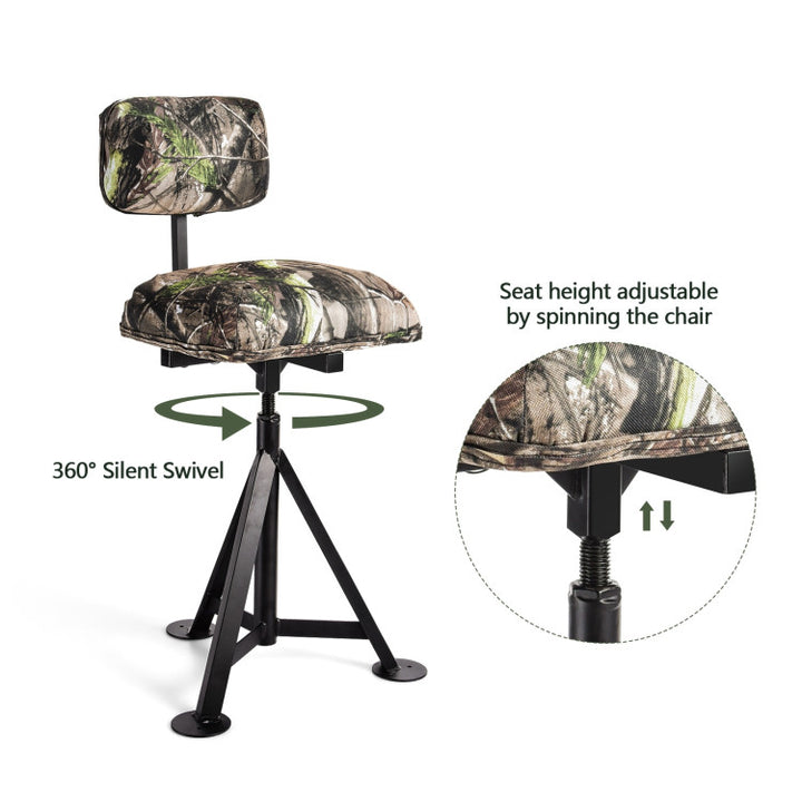 360° Swivel Camo Hunting Chair Multi-Position Height Adjustable Tripod Blind Stool with Detachable Backrest and Comfy Padding