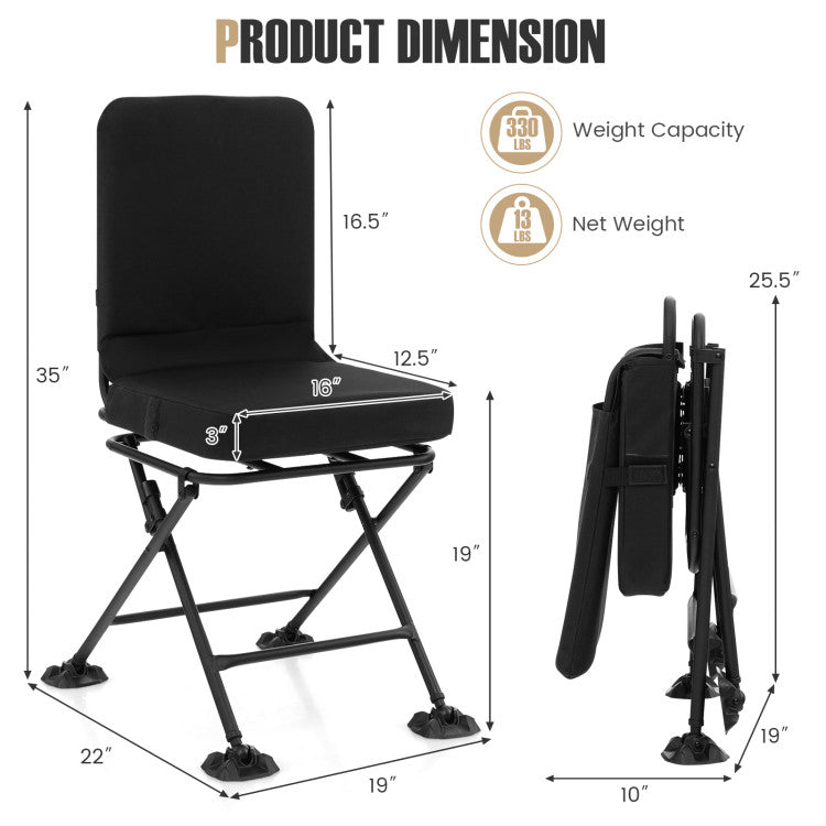 360° Swivel Hunting Chair Portable Folding Ground Blind Chair with Padded Cushion and Backrest