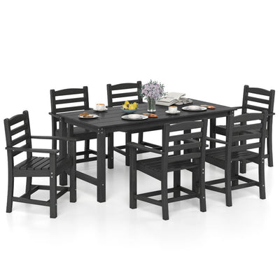 7 Pieces Outdoor Dining Table Set for 6 People 67” HDPE Patio Rectangle Table and 6 Armchairs
