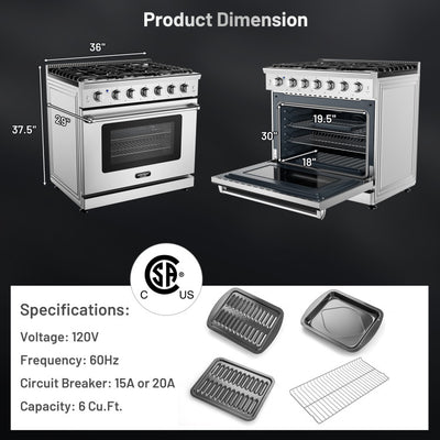 36 Inches Freestanding Natural Gas Range Stainless Steel Dual Fuels Range with 6 Burners Cooktop and Storage Drawer