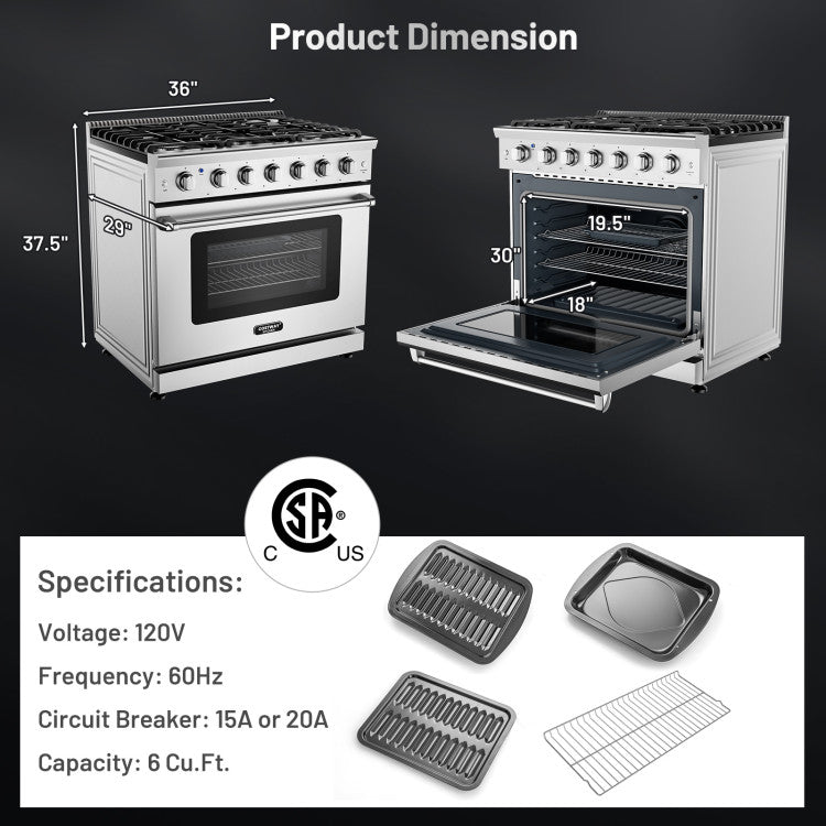 36 Inches Freestanding Natural Gas Range Stainless Steel Dual Fuels Range with 6 Burners Cooktop and Storage Drawer