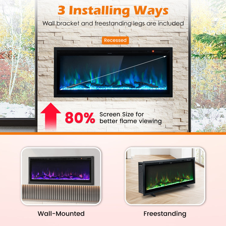 Wall Mounted Electric Fireplace Freestanding Recessed Ultra-Thin Fireplace Heater with Remote Control and Timer