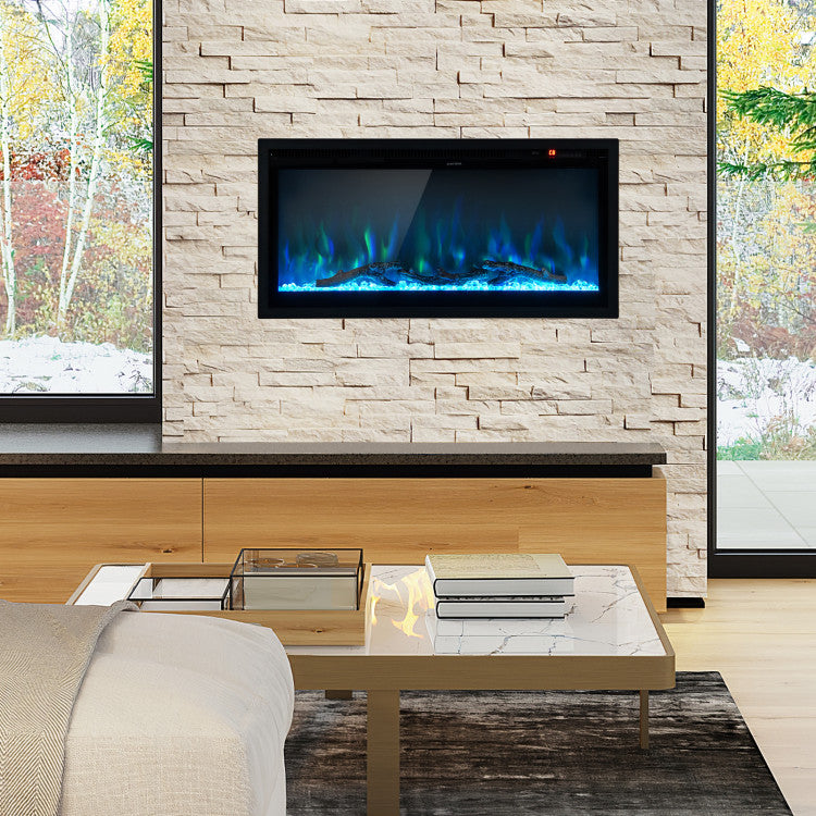 Wall Mounted Electric Fireplace Freestanding Recessed Ultra-Thin Fireplace Heater with Remote Control and Timer