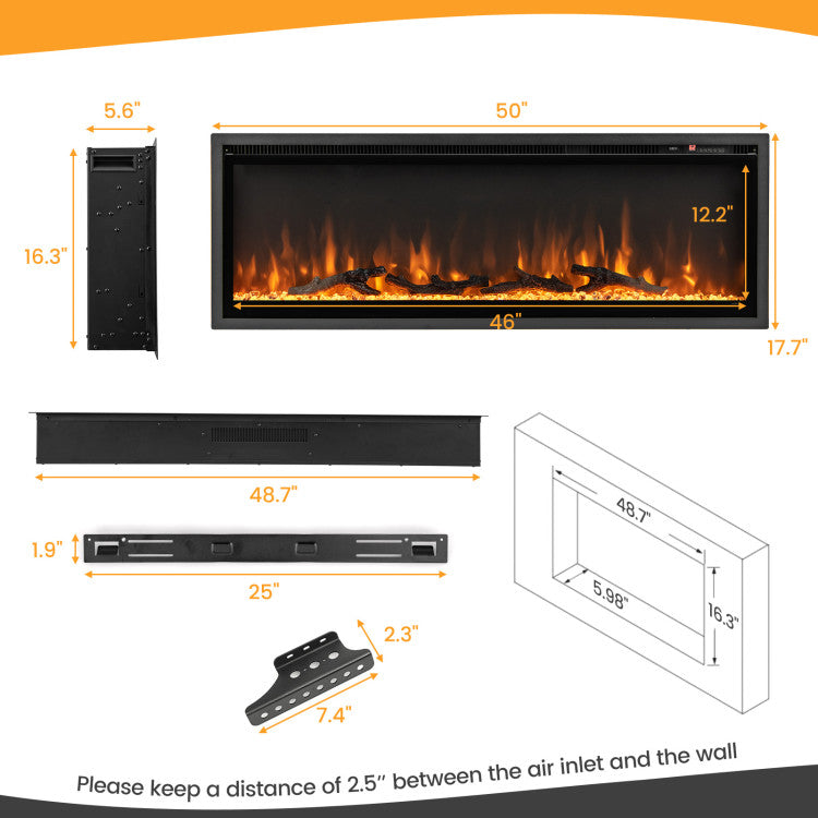 Wall Mounted Electric Fireplace Freestanding Recessed Ultra-Thin Fireplace Heater with Remote Control and Timer