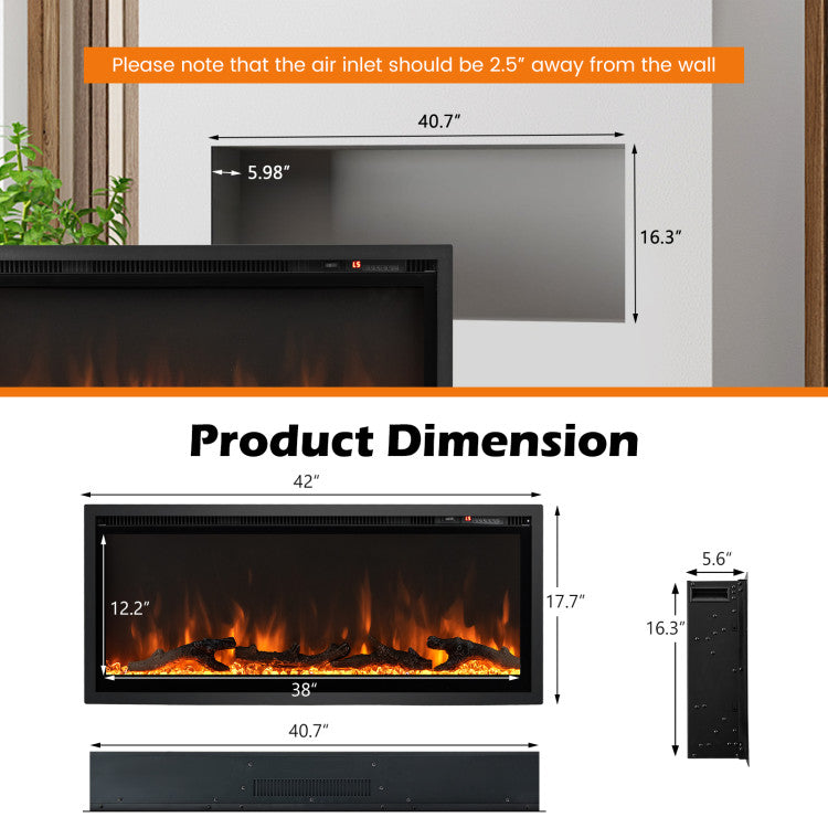 Wall Mounted Electric Fireplace Freestanding Recessed Ultra-Thin Fireplace Heater with Remote Control and Timer