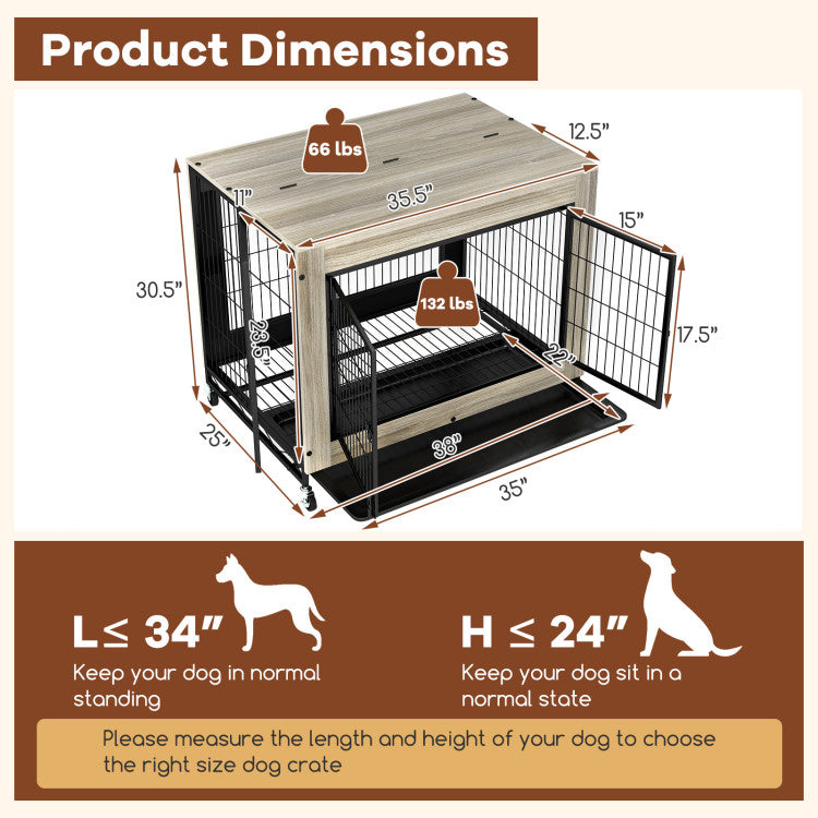 38" Indoor Dog Crate Mobile Dog Kennel Pet Cage House with Removable & Washable Tray and Lockable Doors for Large Dogs