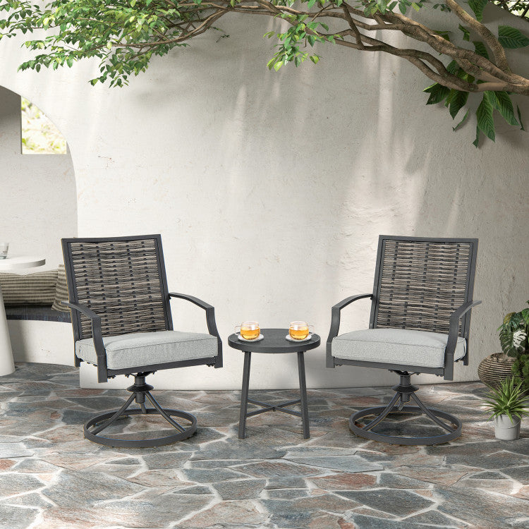 3 Piece Patio Swivel Dining Chairs Set PE Rattan Furniture Chair with Cushions and Coffee Table