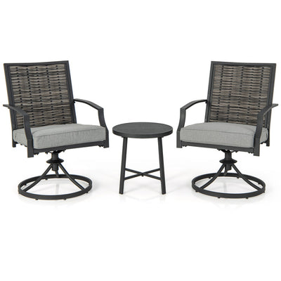 3 Piece Patio Swivel Dining Chairs Set PE Rattan Furniture Chair with Cushions and Coffee Table