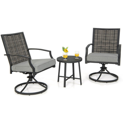 3 Piece Patio Swivel Dining Chairs Set PE Rattan Furniture Chair with Cushions and Coffee Table