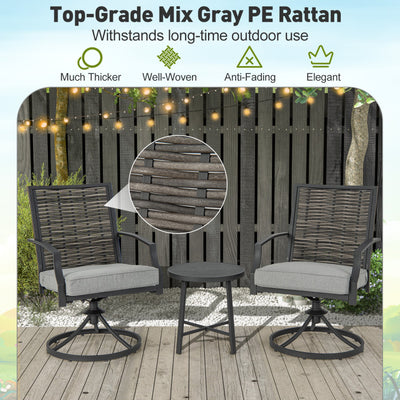 3 Piece Patio Swivel Dining Chairs Set PE Rattan Furniture Chair with Cushions and Coffee Table