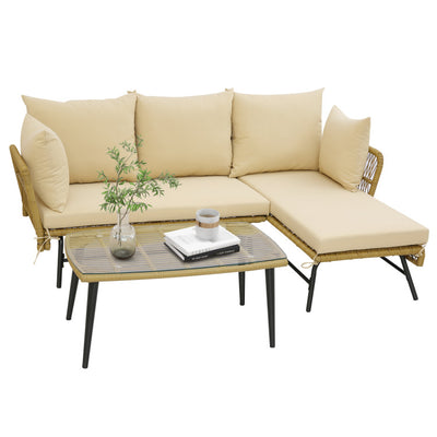 3 Pieces L-shaped Rattan Sofa Set Patio Furniture Loveseat with Cushions and Tempered Glass Table