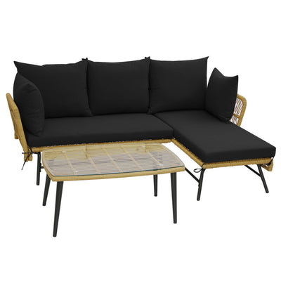 3 Pieces L-shaped Rattan Sofa Set Patio Furniture Loveseat with Cushions and Tempered Glass Table