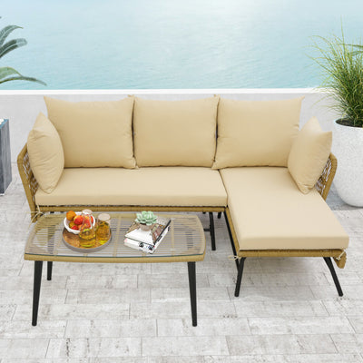 3 Pieces L-shaped Rattan Sofa Set Patio Furniture Loveseat with Cushions and Tempered Glass Table