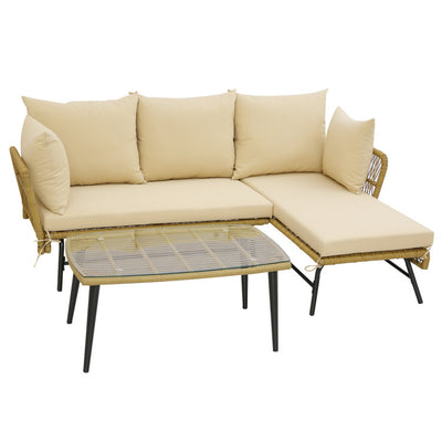 3 Pieces L-shaped Rattan Sofa Set Patio Furniture Loveseat with Cushions and Tempered Glass Table