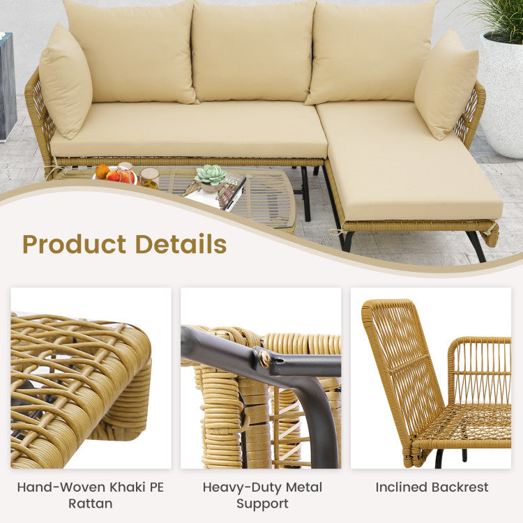 3 Pieces L-shaped Rattan Sofa Set Patio Furniture Loveseat with Cushions and Tempered Glass Table