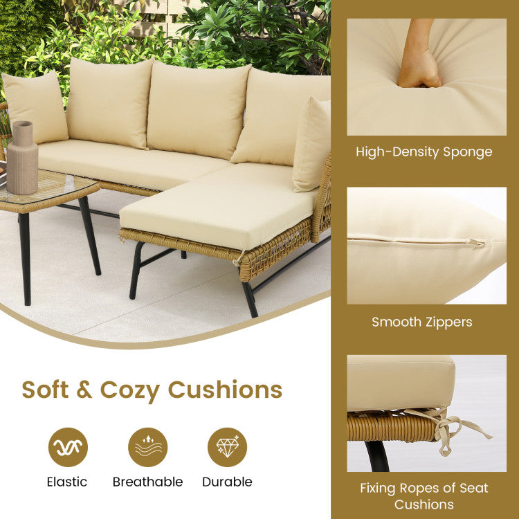 3 Pieces L-shaped Rattan Sofa Set Patio Furniture Loveseat with Cushions and Tempered Glass Table