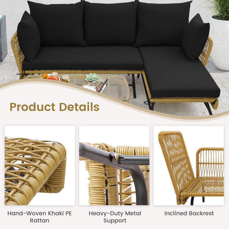 3 Pieces L-shaped Rattan Sofa Set Patio Furniture Loveseat with Cushions and Tempered Glass Table