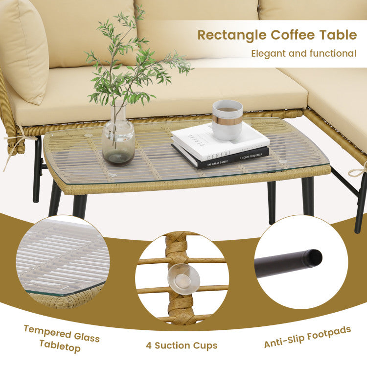 3 Pieces L-shaped Rattan Sofa Set Patio Furniture Loveseat with Cushions and Tempered Glass Table