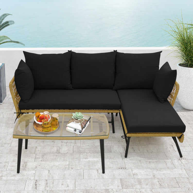 3 Pieces L-shaped Rattan Sofa Set Patio Furniture Loveseat with Cushions and Tempered Glass Table