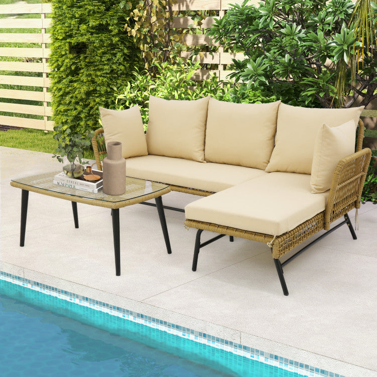 3 Pieces L-shaped Rattan Sofa Set Patio Furniture Loveseat with Cushions and Tempered Glass Table