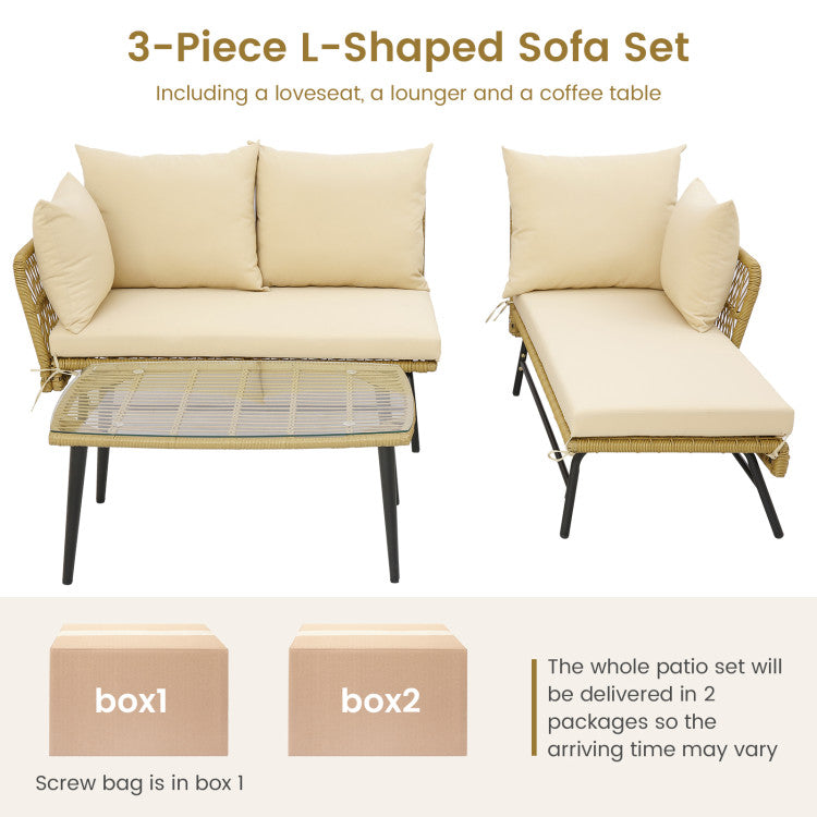 3 Pieces L-shaped Rattan Sofa Set Patio Furniture Loveseat with Cushions and Tempered Glass Table