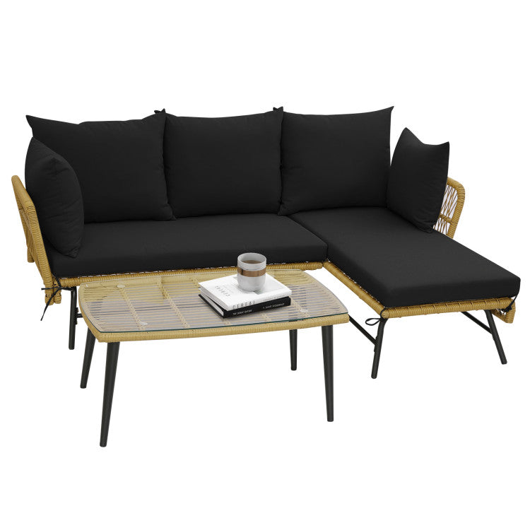 3 Pieces L-shaped Rattan Sofa Set Patio Furniture Loveseat with Cushions and Tempered Glass Table