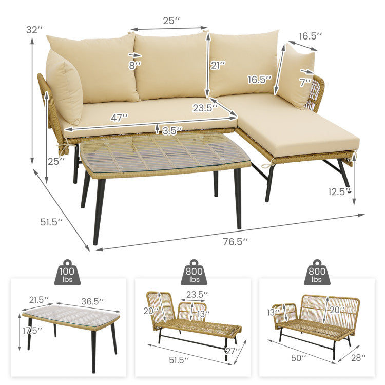 3 Pieces L-shaped Rattan Sofa Set Patio Furniture Loveseat with Cushions and Tempered Glass Table