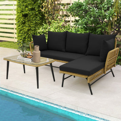 3 Pieces L-shaped Rattan Sofa Set Patio Furniture Loveseat with Cushions and Tempered Glass Table