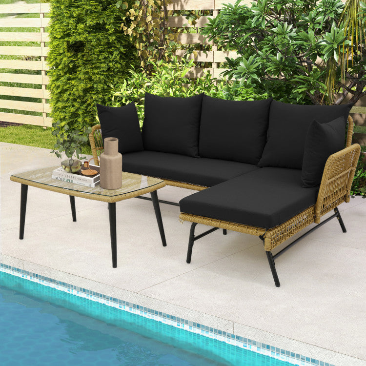 3 Pieces L-shaped Rattan Sofa Set Patio Furniture Loveseat with Cushions and Tempered Glass Table