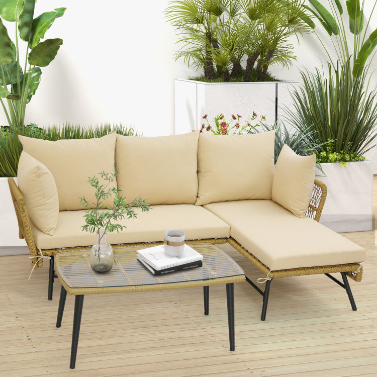 3 Pieces L-shaped Rattan Sofa Set Patio Furniture Loveseat with Cushions and Tempered Glass Table