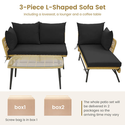 3 Pieces L-shaped Rattan Sofa Set Patio Furniture Loveseat with Cushions and Tempered Glass Table