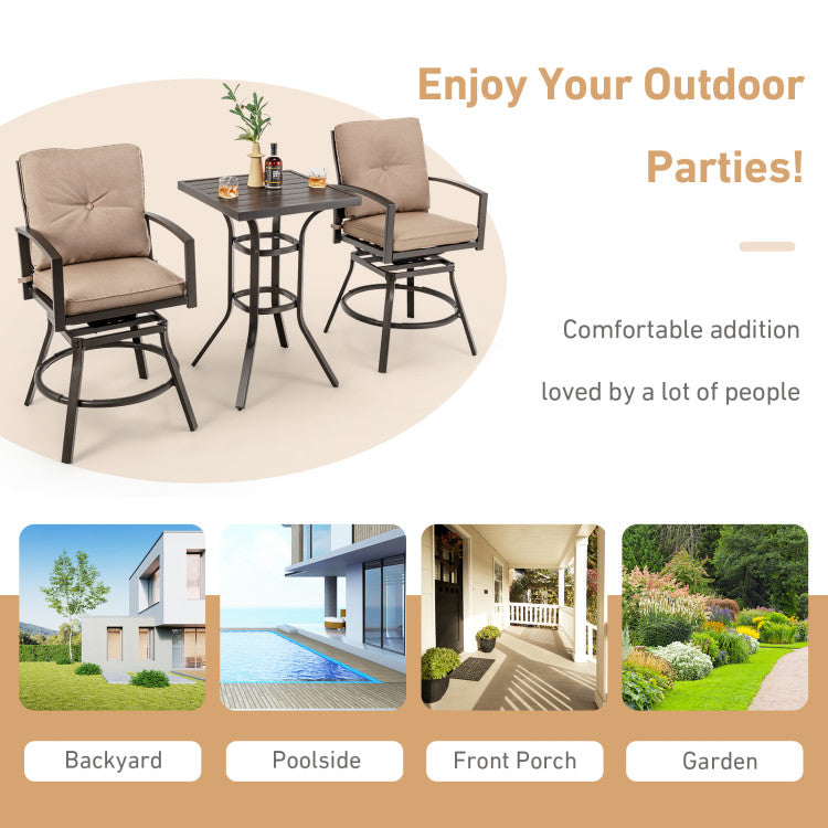3 Pieces Outdoor 360° Swivel Bar Table Set Patio Bistro Set with Removable Cushions