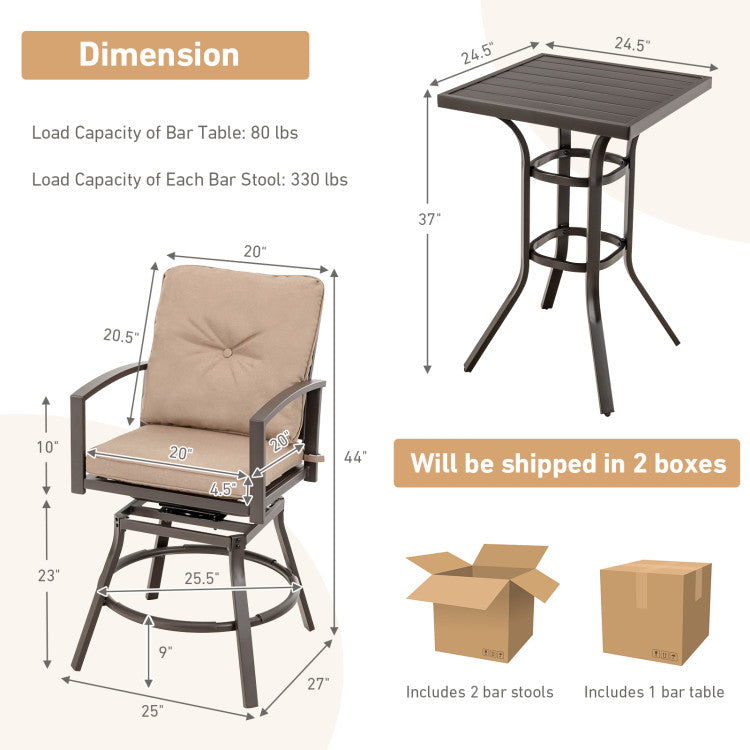 3 Pieces Outdoor 360° Swivel Bar Table Set Patio Bistro Set with Removable Cushions