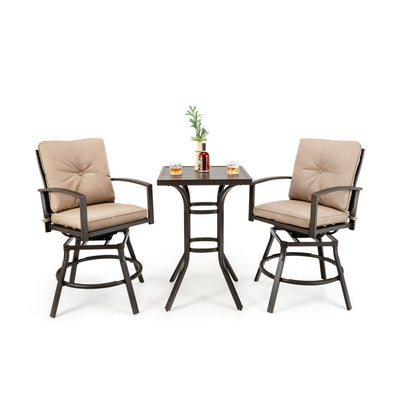 3 Pieces Outdoor 360° Swivel Bar Table Set Patio Bistro Set with Removable Cushions