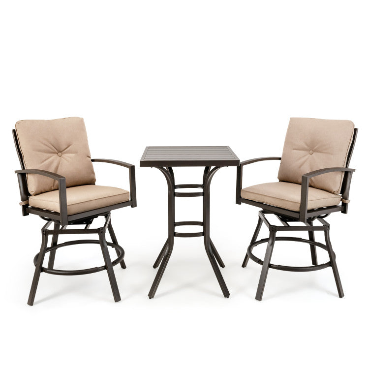 3 Pieces Outdoor 360° Swivel Bar Table Set Patio Bistro Set with Removable Cushions