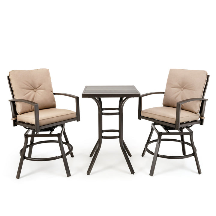 3 Pieces Outdoor 360° Swivel Bar Table Set Patio Bistro Set with Removable Cushions