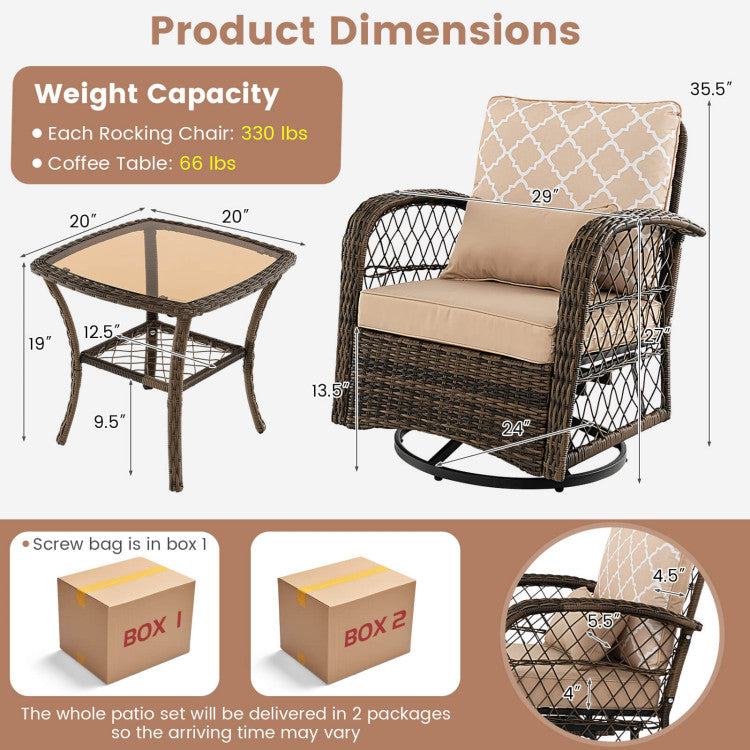 3 Pieces Outdoor Wicker Swivel Rocker Patio Rattan Bistro Conversation Set with Coffee Table and Cushion