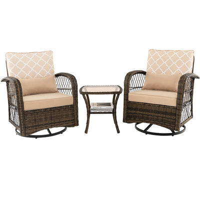 3 Pieces Outdoor Wicker Swivel Rocker Patio Rattan Bistro Conversation Set with Coffee Table and Cushion