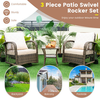 3 Pieces Outdoor Wicker Swivel Rocker Patio Rattan Bistro Conversation Set with Coffee Table and Cushion