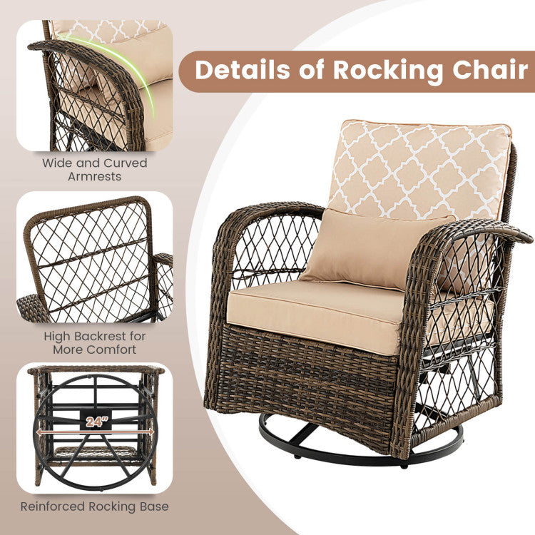 3 Pieces Outdoor Wicker Swivel Rocker Patio Rattan Bistro Conversation Set with Coffee Table and Cushion