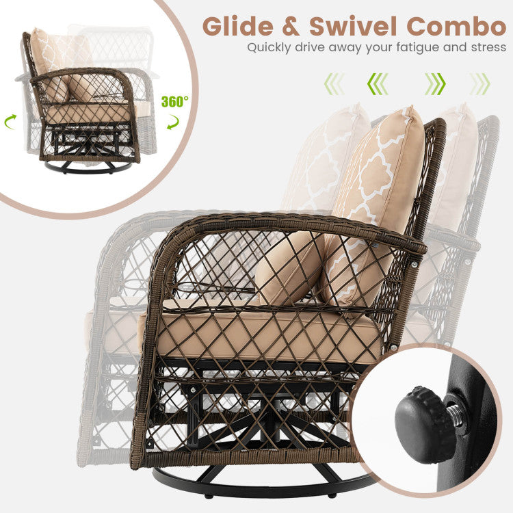 3 Pieces Outdoor Wicker Swivel Rocker Patio Rattan Bistro Conversation Set with Coffee Table and Cushion